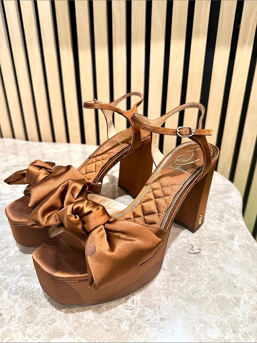 Sam Edelman Women's Julieta Satin Bow Platform Heels in Spiced Camel Size 7